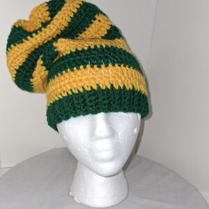 Beanie Slouchy Cap XL Green And Gold Striped Hat